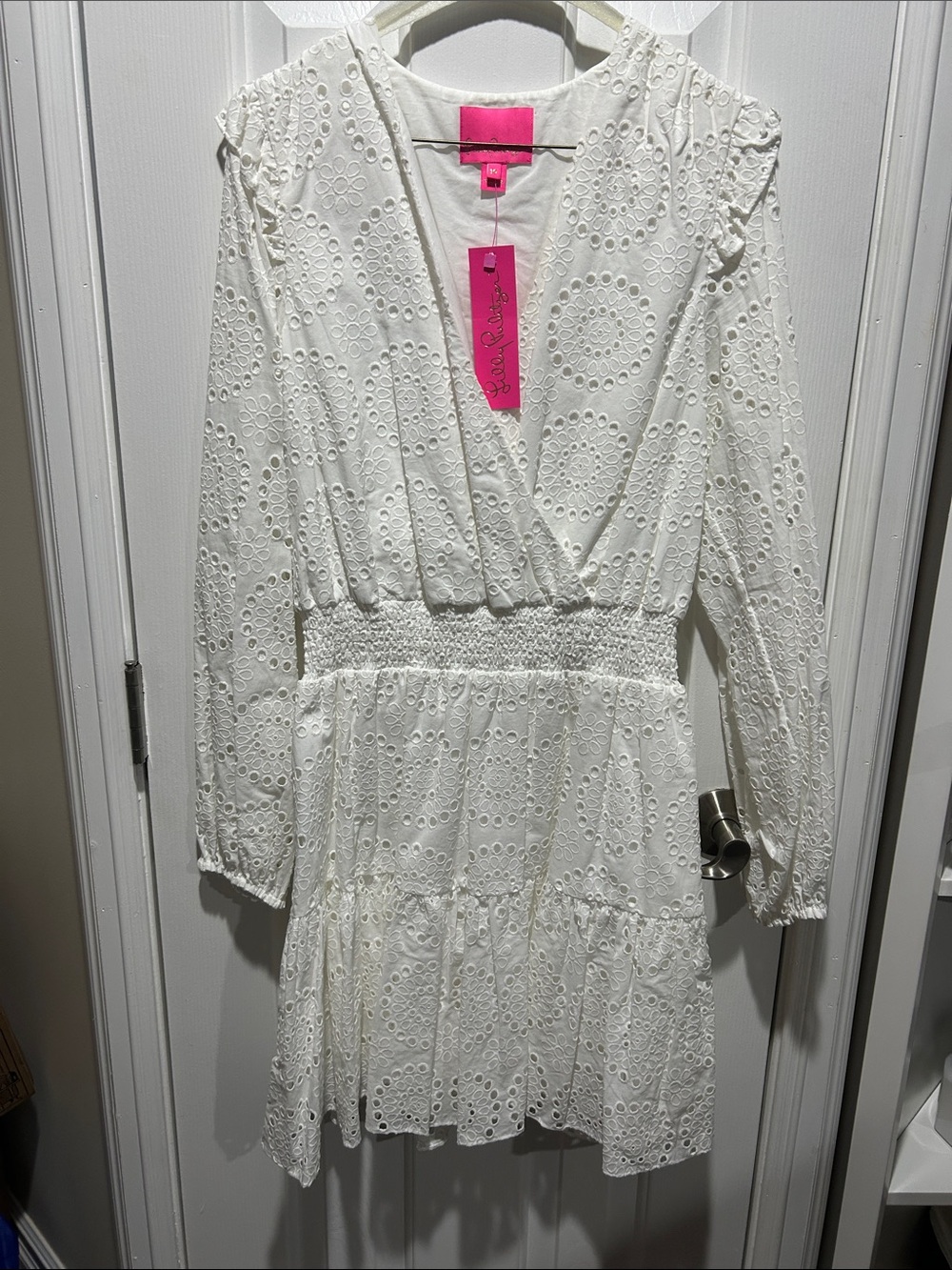 Lilly Pulitzer White Eyelet Long Sleeve Smocked-Waist Mini Dress